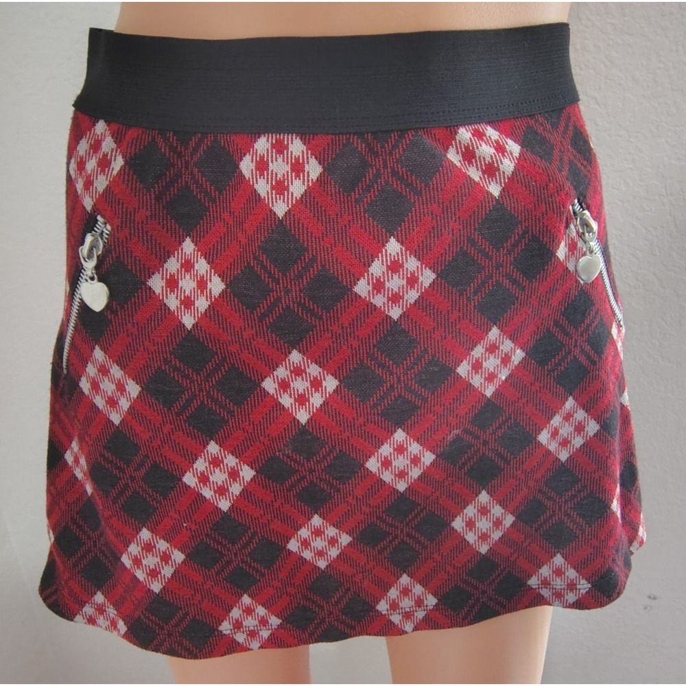 Beautees Girls Red White Black Plaid Skirt Heart Zippers Skater Skirt Size L